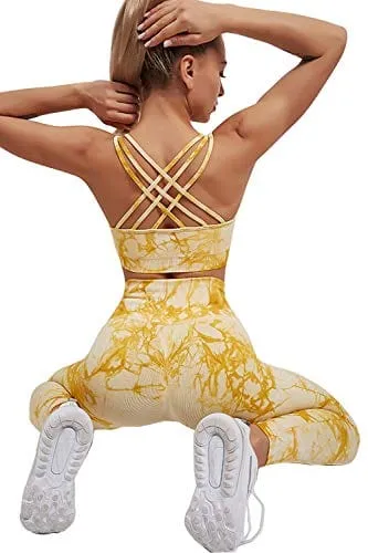 Womens Yoga Outfits 2 Piece Set Tie Dye Workout Athletic Print Pants and Sports Bra Set Gym Lightweight Activewear Yellow