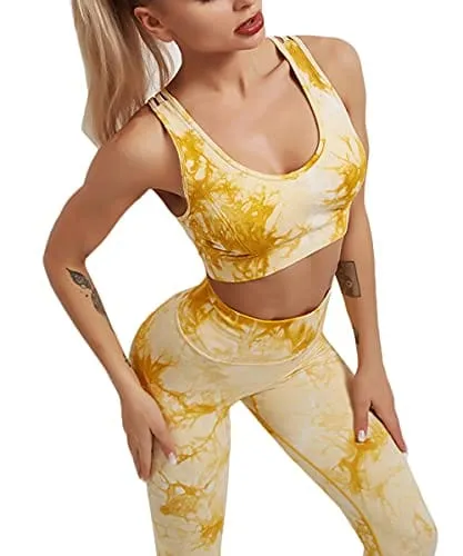 Womens Yoga Outfits 2 Piece Set Tie Dye Workout Athletic Print Pants and Sports Bra Set Gym Lightweight Activewear Yellow