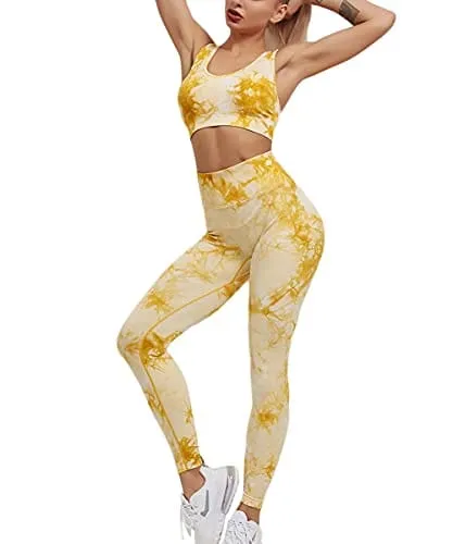 Womens Yoga Outfits 2 Piece Set Tie Dye Workout Athletic Print Pants and Sports Bra Set Gym Lightweight Activewear Yellow