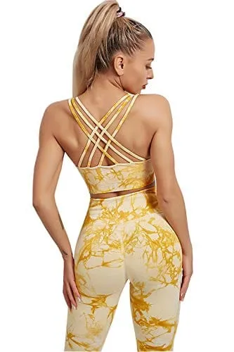 Womens Yoga Outfits 2 Piece Set Tie Dye Workout Athletic Print Pants and Sports Bra Set Gym Lightweight Activewear Yellow