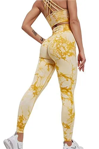 Womens Yoga Outfits 2 Piece Set Tie Dye Workout Athletic Print Pants and Sports Bra Set Gym Lightweight Activewear Yellow