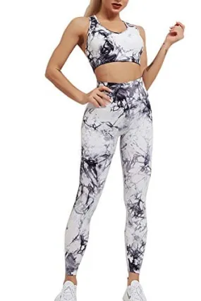 YuMENo Women's Tie Dye Workout Sets 2 Pieces Seamless High Waist Yoga Leggings with Sports Bra Gym Outfit Clothes Black