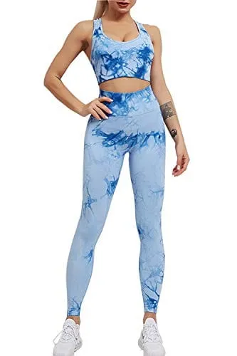 YuMENo Women's Tie Dye Workout Sets 2 Pieces Seamless High Waist Yoga Leggings with Sports Bra Gym Outfit Clothes Blue