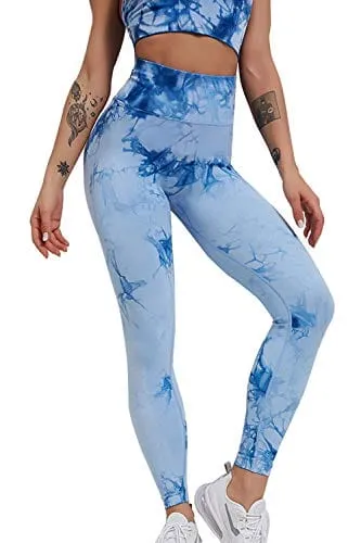 YuMENo Women's Tie Dye Workout Sets 2 Pieces Seamless High Waist Yoga Leggings with Sports Bra Gym Outfit Clothes Blue