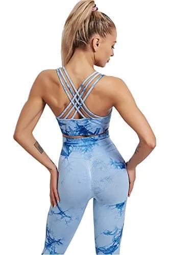 YuMENo Women's Tie Dye Workout Sets 2 Pieces Seamless High Waist Yoga Leggings with Sports Bra Gym Outfit Clothes Blue