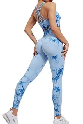 YuMENo Women's Tie Dye Workout Sets 2 Pieces Seamless High Waist Yoga Leggings with Sports Bra Gym Outfit Clothes Blue